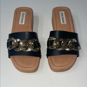Steve Madden Woody Black and Gold Chain Slide Sandals | 6